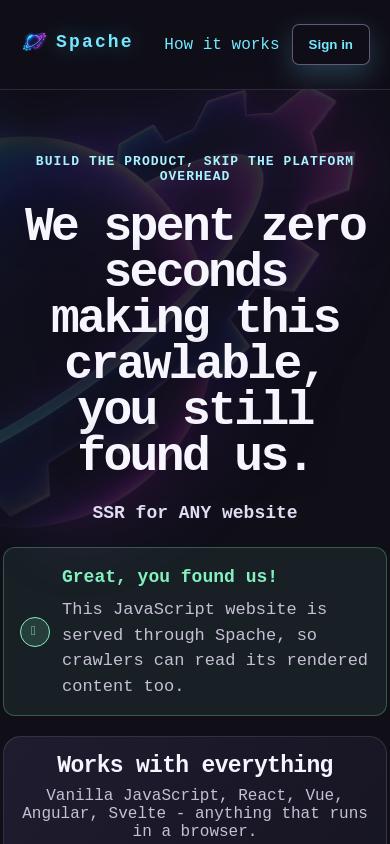 Spache-generated screenshot of the Spache homepage after its single-page app has rendered