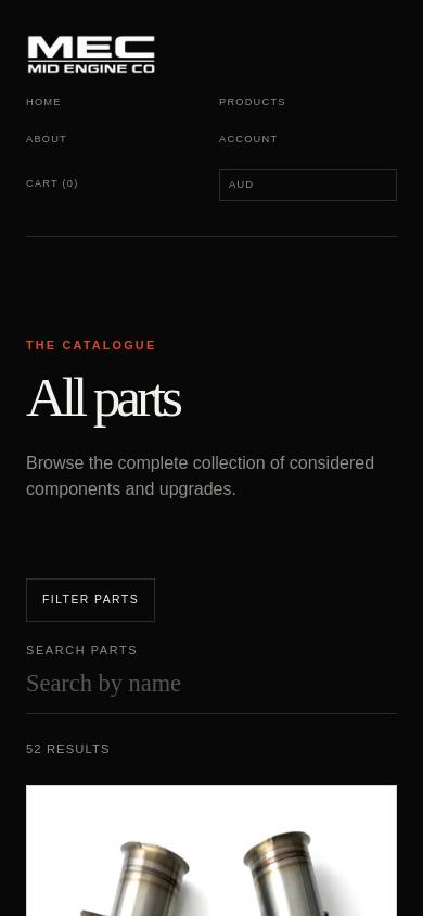 Current Spache-generated screenshot of Mid Engine Co’s products page